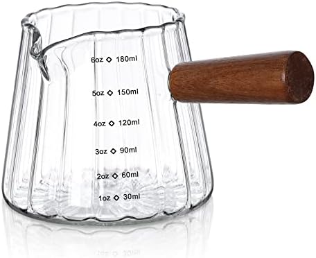 Joeyan 6 oz Glass Measuring Cups with Spout,Borosilicate Glass Triple Pitcher with Scale,Origami Style Espresso Shot Glasses with Wood Handle for Coffee Milk,Dishwasher Safe by JoeyanHousehold
