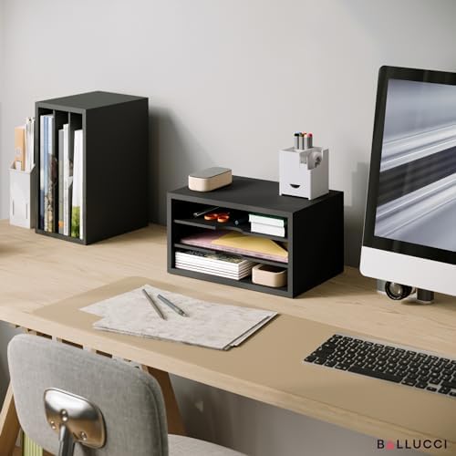Ballucci File Organizer, 3-Tier Document Paper Sorter, Stackable Wood Desk Organizer, Mail Sorter and Monitor Stand with Storage Shelves, Black - Image 2