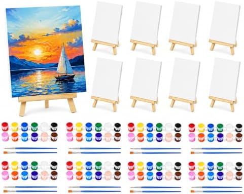 8 Pack 8 x 10 Inch Canvas Boards for Painting, Art Canvas Bulk for Drawing with Paint Brushes & 12 Colors Acrylic Paint, Mini Painting Canvas with Easel Set, Painting Kits for Adults Party Supplies by Unknown