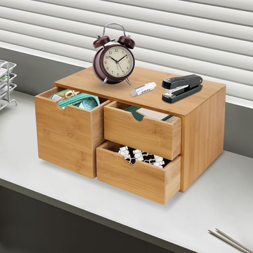 Small Desk Drawer Organizer, Bamboo Mini Desktop Drawer, Wood Tabletop Storage Organizer Box for Office Home Dormitory Toiletries Cosmetics Supplies, No Assembly Required (3 Drawers) - Image 5