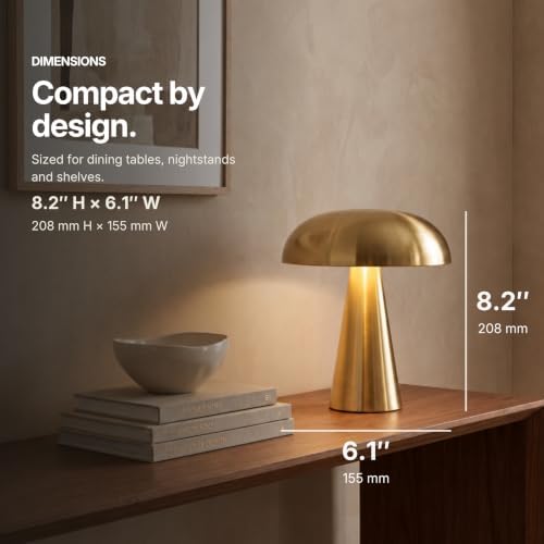Lucerne Cordless Small 8.2 Inch Designer Table Lamp, Rechargeable Bedside Lamp, Touch Control 3 Brightness Levels, Warm White, Portable Mushroom Lamp for Dining and Shelf, Gold - Image 3