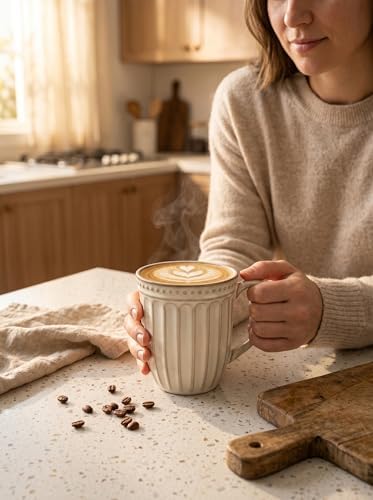 HASENSE Coffee MugsSet of 4, 16 Oz Embossed Vertic Fluted Ceramic Cups - Image 6