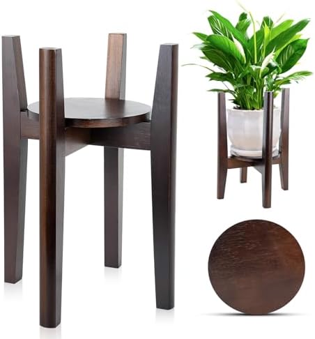 Adjustable Plant Stand with Tray,Indoor Wood Plant Stand Fit 8'' to 12'' Planter,Mid Century Modern Flower Pot Holder Rack(Plant and Pot Not Included) by ZIOZERTT