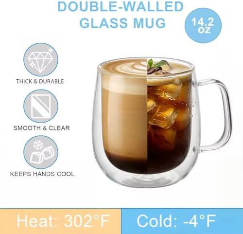 Roran Double Wall Glass Coffee Mugs, Clear Borosilicate Glass with Handle, 14.2oz, 2 Piece Set, High-Heat Resistant - Image 2