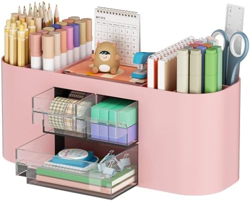 Marbrasse Desk Organizer Pen Holder for Desk with 3 Drawers, Multi-Functional Pencil Holder, Desk Organizers and Accessories with 7 Compartments for Home, School, Classroom(Pink) by Marbrasse