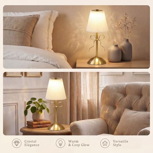Liliful 2 Pcs Cordless Table Lamp LED Touch, Gold, Beige Cloth Style Bow - Image 6