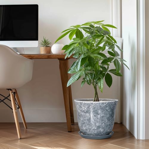 Ceramic Plant Pots - 12 Inch Plant Pot with Drainage Hole and Saucer, Round Planter for Indoor Outdoor, Modern Decorative Planters, Large Flower Pots, Home Decor, Housewarming Gifts, Grey - Image 3