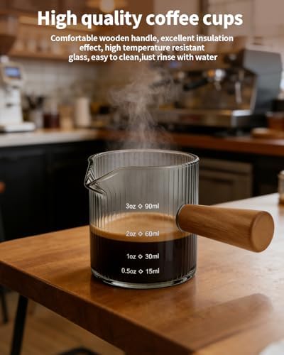 Espresso Measuring Cup 3 Oz, Espresso Glass Cups with Wood Handle, Milk Frothing Cup, Espresso Cup for Coffee, Milk, Tea or Maple Syrup Serving (Gray, 3 oz) - Image 3
