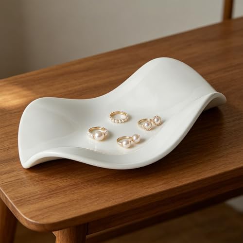 SUNGOOYUE Ceramic Jewelry Tray, Minimalist Vanity Organizer Ring Holder Small Catch All Dish for Earrings Keys, for Bedroom Entryway Table Home Decor (White) - Image 5
