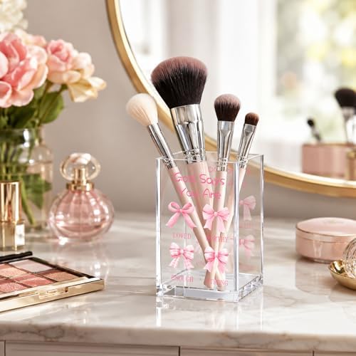 Pink Bow Acrylic Pen Holder Cup, Coquette Christian Desk Decor, Inspirational Bible Verse Pencil Holder, Cute Office Desk Organizer, Gift for Women Girls - Image 2