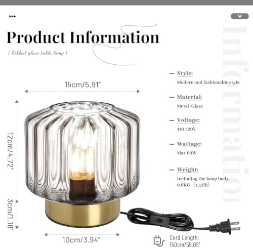 Touch Table Lamp for Bedside, Smoke Gray Glass Table Lamps Mid Century Modern Table Lamp Gold nightstand lamp Mini Desk lamp for Bedroom Living Room Office - Image 3