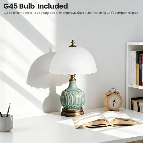 Vintage Green Ceramic Small Table Lamp with White Glass Shade - Image 6