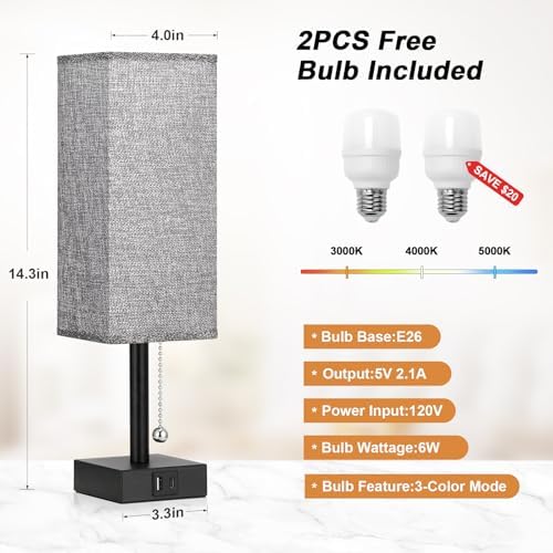 Set of 2 Grey Bedside Table Lamps for Bedroom - Nightstand Lamp, USB C+A - Image 4