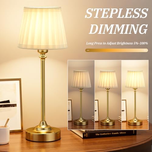 Cordless Table Lamp Rechargeable Gold - 1 Pack Brass 4000mAH Battery Operated Lamp for Decor, 3000K Stepless Dimming Touch Control Wireless Lamp for Bedroom, Dining Table, Counter, Living Room - Image 2