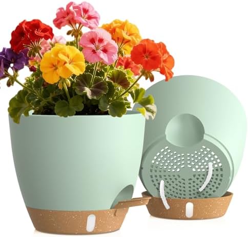 Self Watering Pots with Drainage Holes, 2 Pack 8 Inch Plant Pots with Water Level Indicator Deep Reservoir, Large Plastic Planter for Indoor Outdoor Plants - Green Brown by KUGAZ