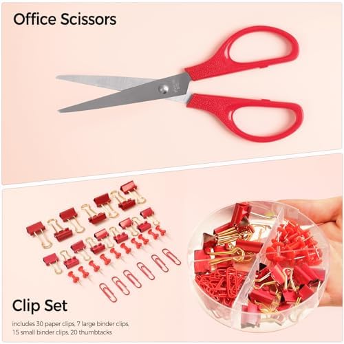 SKYDUE Red Office Supplies Set, Pencil Holder for Desk, Stapler, Tape Dispenser, Scissors,Clips and 1000pcs Staples, Office Decor for Women, Red Desk Accessories - Image 3