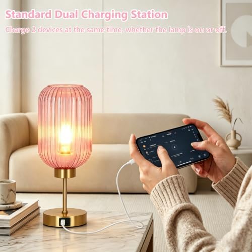 LAMSU Vintage Pink Table Lamp Touch Control, Small Glass Desk Lamp with Bulb, Charging Port, Mid Century Modern Bedside Lamp, 3 Way Dimmable Nightstand Lamp for Bedroom Living Room Home Decor - Image 6