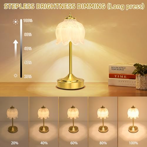 Cordless Table Lamp, Rechargeable White Glass Lotus Flower Lamp - Image 5