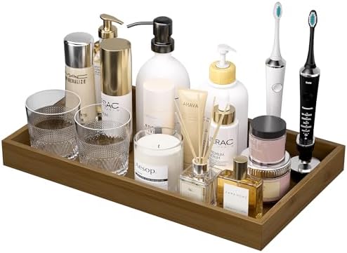 ZHWS Bathroom Vanity Tray for Countertop Perfume Makeup Jewelry Candle Decor, Kitchen Tray for Soap Dispenser Spice Salt, Large Tray for Toilet Tank Paper, Serving Nightstand Brown 13”x6.5” by ZHWS