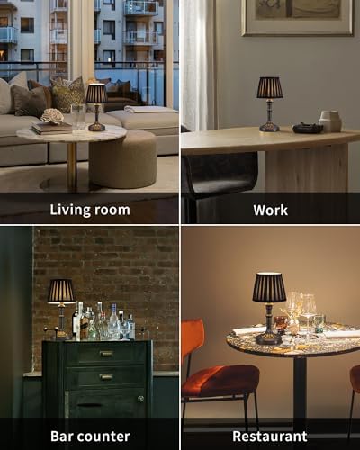 KDG Mottled Silver Cordless Table Lamps Set of 2, Black Fabric Shade Light - Image 6