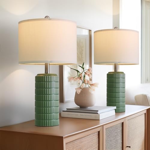 PoKat 23" Dark Green Ceramic Table Lamps Set of 2, Modern Table Lamps for Living Room, Farmhouse Lamps for Bedroom Night Stands, Traditional Nightstand Desk Decor Lamps by Pokat
