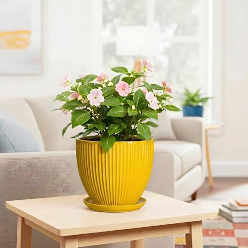 8 Inch Pots for Plants, Ceramic Plant Pots for Indoor Plants, Round Ceramic Planter with Drainage Hole and Saucer, Modern Decorative Plant Pot, Home Kitchen Decor, Women Men Gifts, Yellow - Image 6