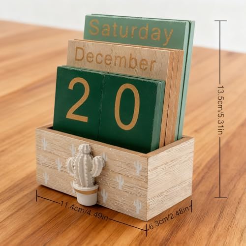 Notakia Perpetual Calendar, Wooden Calendar for Home Office Desk Accessories Vintage Wood Block Calendar(Green) - Image 3