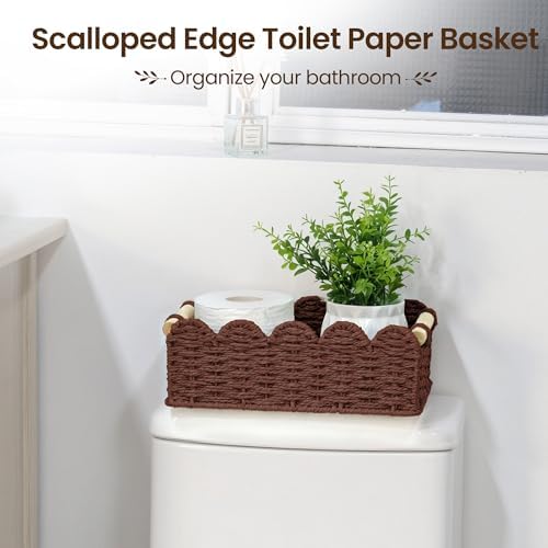 iEGrow Paper Rope Small Storage Baskets for Organizing, Set of 2 Scalloped Edge Wicker Basket with Wooden Handles Toilet Paper Basket for Over Toilet Storage Shelf, Home Decor, Living Room (Brown) - Image 3