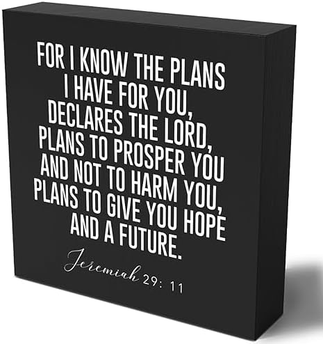 Christian Decor Wood Sign Desk Decor Rustic Motivational Bible Verse Jeremiah 29:11 Black Wooden Box Sign for Home Office Living Room Church Kitchen Bedroom Table Shelf Religious Gifts by Woght