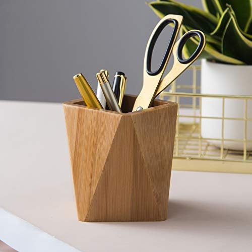 Bamboo Wood Pen Holder Stand for Desk Geometric Pencil Cup Pot Cute Desktop Office Supplies, Makeup Brushes Organizer (Bamboo) - Image 3