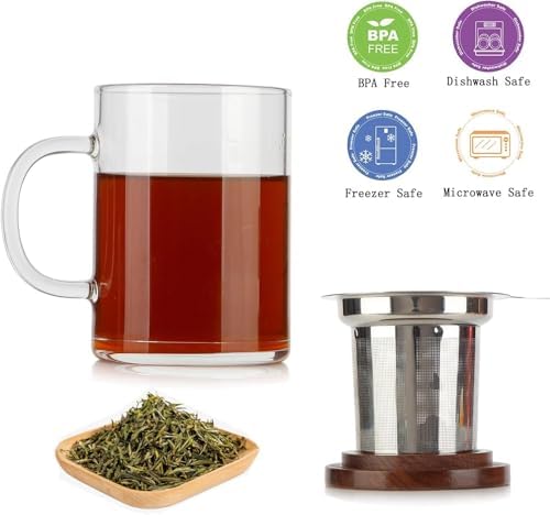 COMI Tea Cup with Infuser Walnut Lid&Handle, Glass Tea Cups with Wide Mouth Extra Large Capacity, Stainless Steel Tea Infuser Mug for Loose Leaf Tea Steeping(2PCS,14oz/400ml) - Image 2