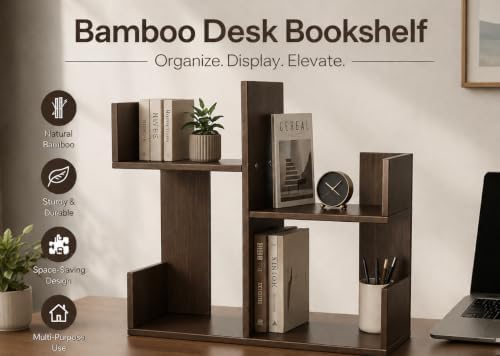 Modern 2-Tier Desk Bookshelf, Short Book Organizer, Display Shelf & Desktop Storage Rack, Space-Saving Desk Bookshelf for Books, Decor & Small Items, Brown - Image 3