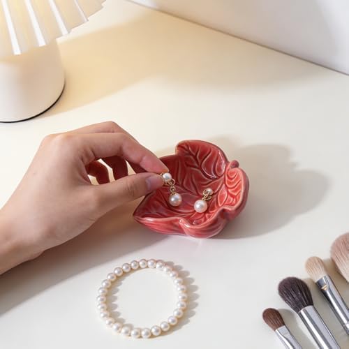 3.5' Red Cute Leaves Ceramic Jewelry Tray for Dressing Table - Image 5