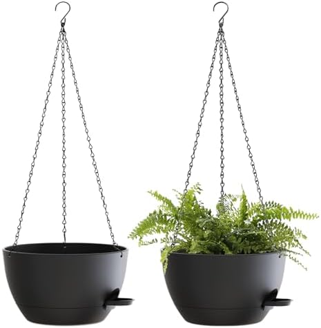 10 Inch Hanging Baskets 2 PC with Chains, Self-Watering Hanging Planters for Indoor Outdoor Plants, Plastic Hanging Flower Pots,Black by SQKH