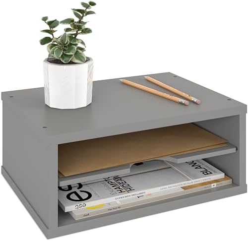 Ballucci File Organizer, 2-Tier Document Paper Sorter, Stackable Wood Desk Organizer Mail Holder, Monitor Stand with Storage Shelves, Gray by Ballucci