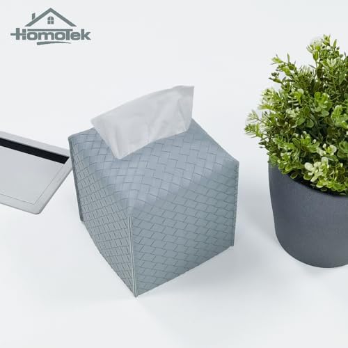 HOMOTEK 2 Pack Tissue Box Cover,PU Leather Tissue Holder,Square Decorative Facial Tissue Cube Paper Organizer Dispenser for Bathroom, Night Stands, Desk, Car 5X5X5'' - Woven Waffle,Light Gray - Image 5