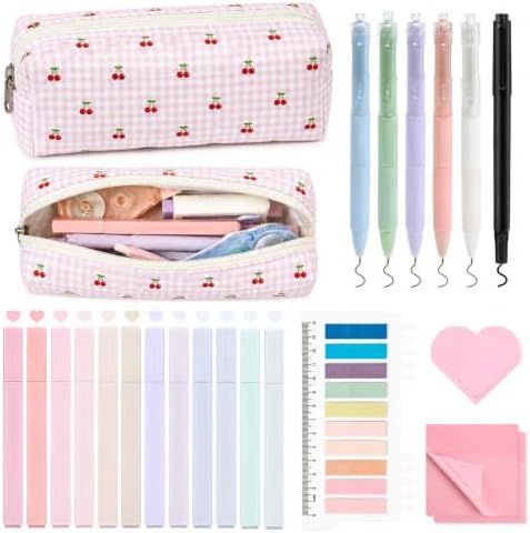 22Pcs Book Annotation Kit Aesthetic Pencil Case with Supplies School Annotation Supplies Gel Pen Transparent Sticky Note Taking Bible Study College Stationery Supplie (Pink Cherry) by AILEAM