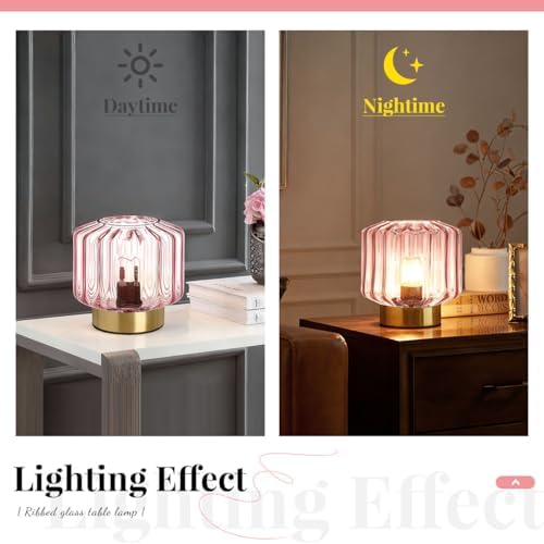 Small Lamp of 2 Pink Glass Table Lamps with Touch Table Metal Base, Mid Century Modern Table Lamps Mini Table Lamp nightstand lamp Gold Desk lamp for Bedside Bedroom Living Room Office - Image 2