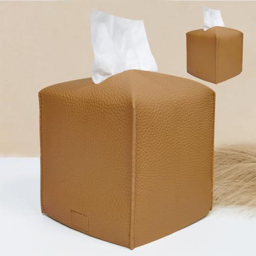 HOMOTEK 2 Pack Tissue Box Cover, Square PU Leather Tissue Holder, Decorative Facial Tissue Cube Paper Organizer Dispenser for Bathroom, Night Stands, Desk, Car 5X5X5'' - Camel, Pebble Grain by HOMOTEK