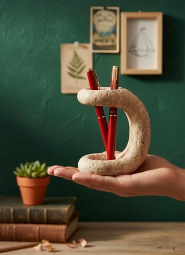 Marble Pen Holder for Desk, 4 Inch Travertine Pencil Holder - Image 4