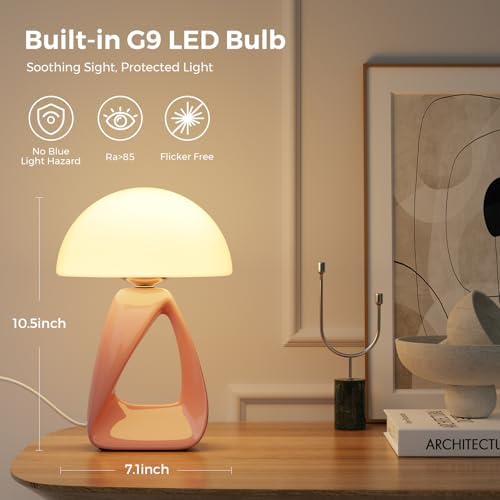 Mushroom Lamp, Small Table Lamp for Bedroom, Creative Geometric Ceramic Base Bedside Lamp, Mid Century Modern Side Table Lamp for Living Room Nightstand, Unique Aesthetic Home Decor Gift Ideas, Pink - Image 5