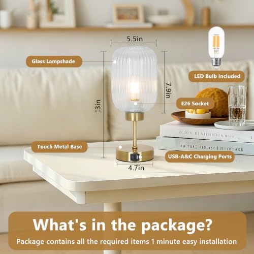 LAMSU Vintage Gold Touch Table Lamp, Small Desk Lamp with Clear Glass Shade, Bulb, Charging Port, Mid Century Modern Bedside Lamp, 3 Way Dimmable Nightstand Lamp for Bedroom Living Room Home Decor - Image 5