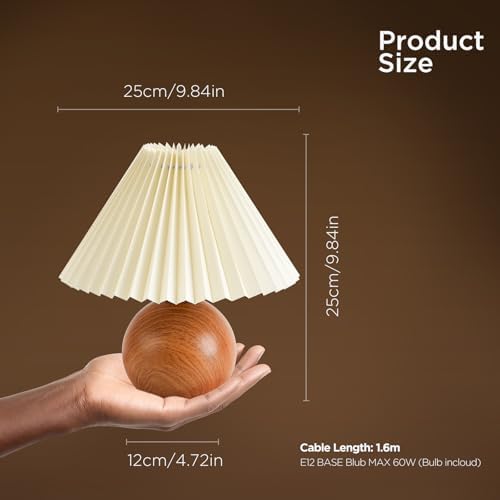 KUNJOULAM Cute Small Pleated Lamp, Modern Bedside Nightstand Light with Beige Lampshade, Wooden Pattern Metal Base Desk Lamp for Bedroom, Home Office, Living Room - Image 2