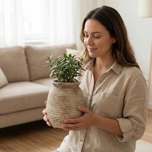 Rustic Terracotta Pot, 7 Inch Short Farmhouse Vase with Weathered Texture, Boho Home Decor for Pampas Grass, Tabletop, Mantel and Shelf Styling - Image 7
