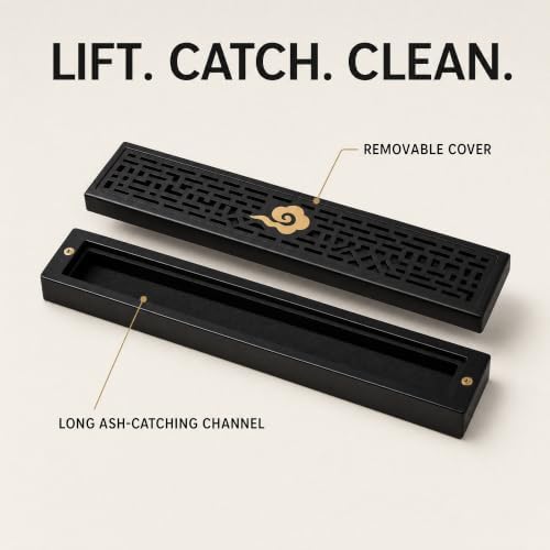 Chinese Incense Holder for Sticks with Ash Catcher - Wooden Incense Burner Box with Storage, Ceramic Lined, Anti-Ash, for Meditation, Yoga, Home Decor (Balck - Cloud) - Image 3