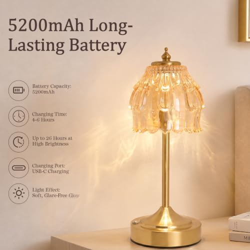 Cordless Table Lamp, Rechargeable Gold Glass Flower Lamp - Image 4