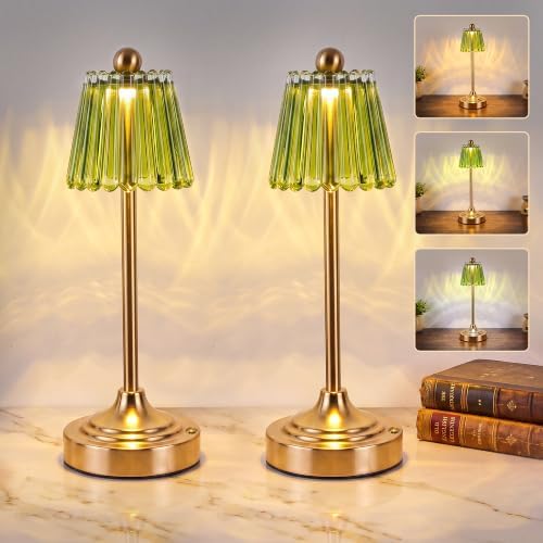 Set of 2 Small Vintage Cordless Table Lamp, Green by Unknown