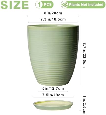 Ceramic Pots for Plants - Modern Round 8 Inch Planter with Drainage Hole and Plant Saucer for Flower Indoor Outdoor, Home Decor, House Warming Gifts, Green - Image 3