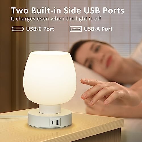 Touch Bedside Table Lamp - Small Lamp for Bedroom with USB C+A Charging Ports 3 Way Dimmable, Nightstand Desk lamp with White Opal Glass Lamp Shade Warm LED Bulb Included, Simple Design Gifts - Image 3