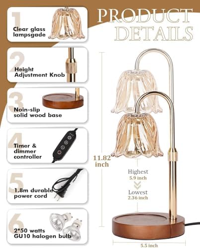 Funistree Candle Warmer Lamp, Gold Candle Lamp Warmer with Timer & Dimmer with 2 Bulbs, Christmas Birthday Gifts for Women Mom Her, House Warming Gift New Home Bedroom Decor, Height Adjustable - Image 6